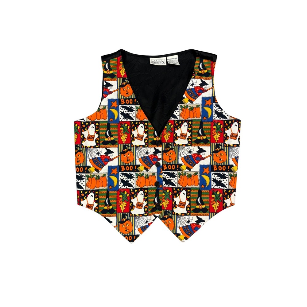 Y2K‎ Halloween Button Up Vest Size Medium Cotton Holiday Ghost Witch Pumpkin